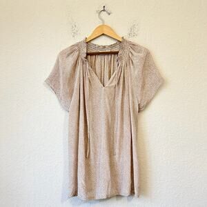 RUNGOLEE Louise Top Tan Animal Print V-Neck Smocked Short Sleeve Blouse